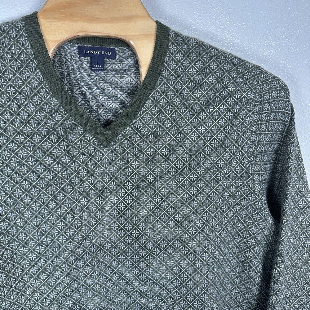LANDS END 100% Cashmere Sweater Mens Large (42-44) Green Fair Isle Vneck Holiday